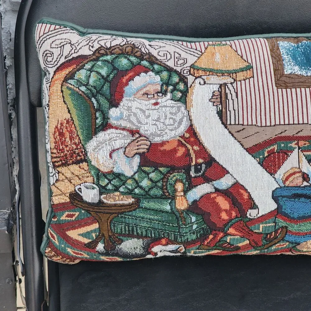 VTG Christmas Santa Claus Woven Tapestry Throw Pillow Checking Naughty Nice List